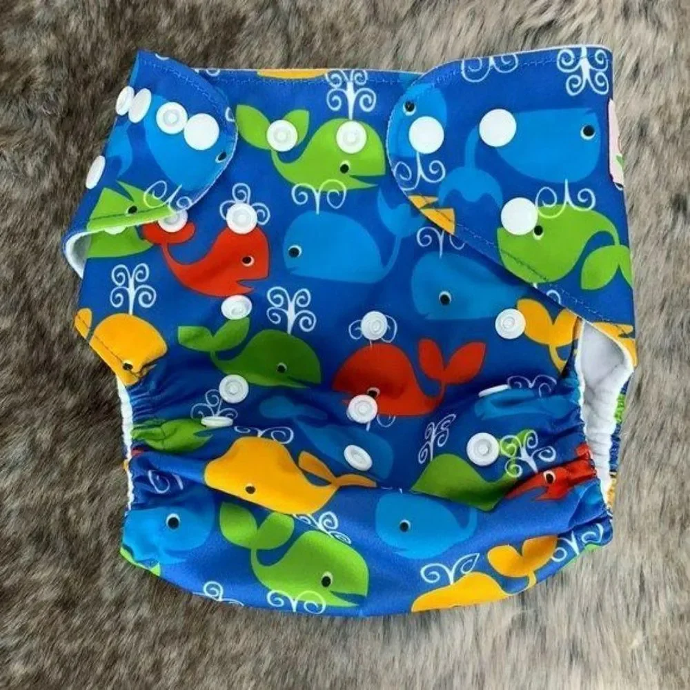 OhBabyKa Boys Girls Blue Colorful Whales‎ Snap Cloth Cover Diaper Adjustable